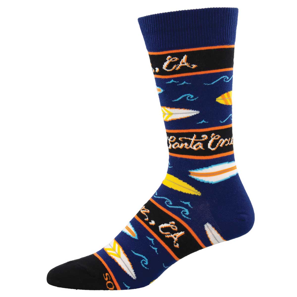 Men's Cotton Crew Socks - Surfboard and Artistic "Wave" line work with "Santa Cruz" Text - Blue - Socksmith
