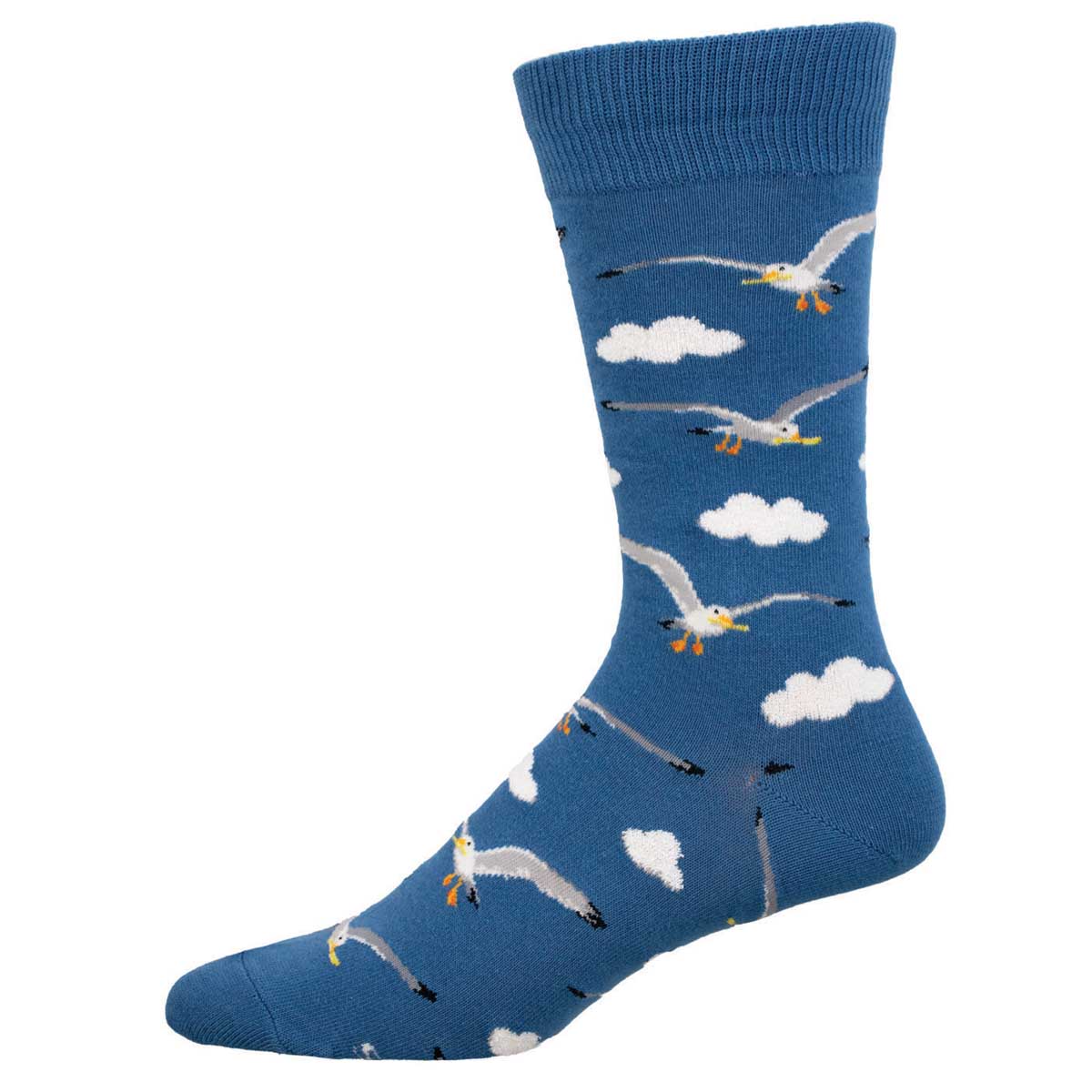 A pair of blue cotton crew socks with a pattern of seagulls and clouds.