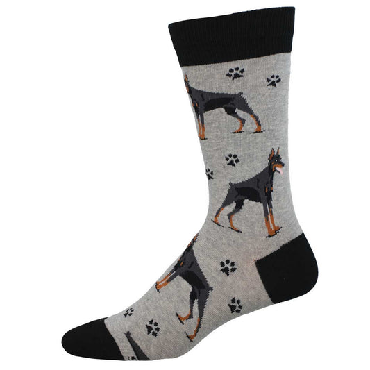 A pair of socks with a pattern featuring a Doberman dog in gray, black, and brown colors.