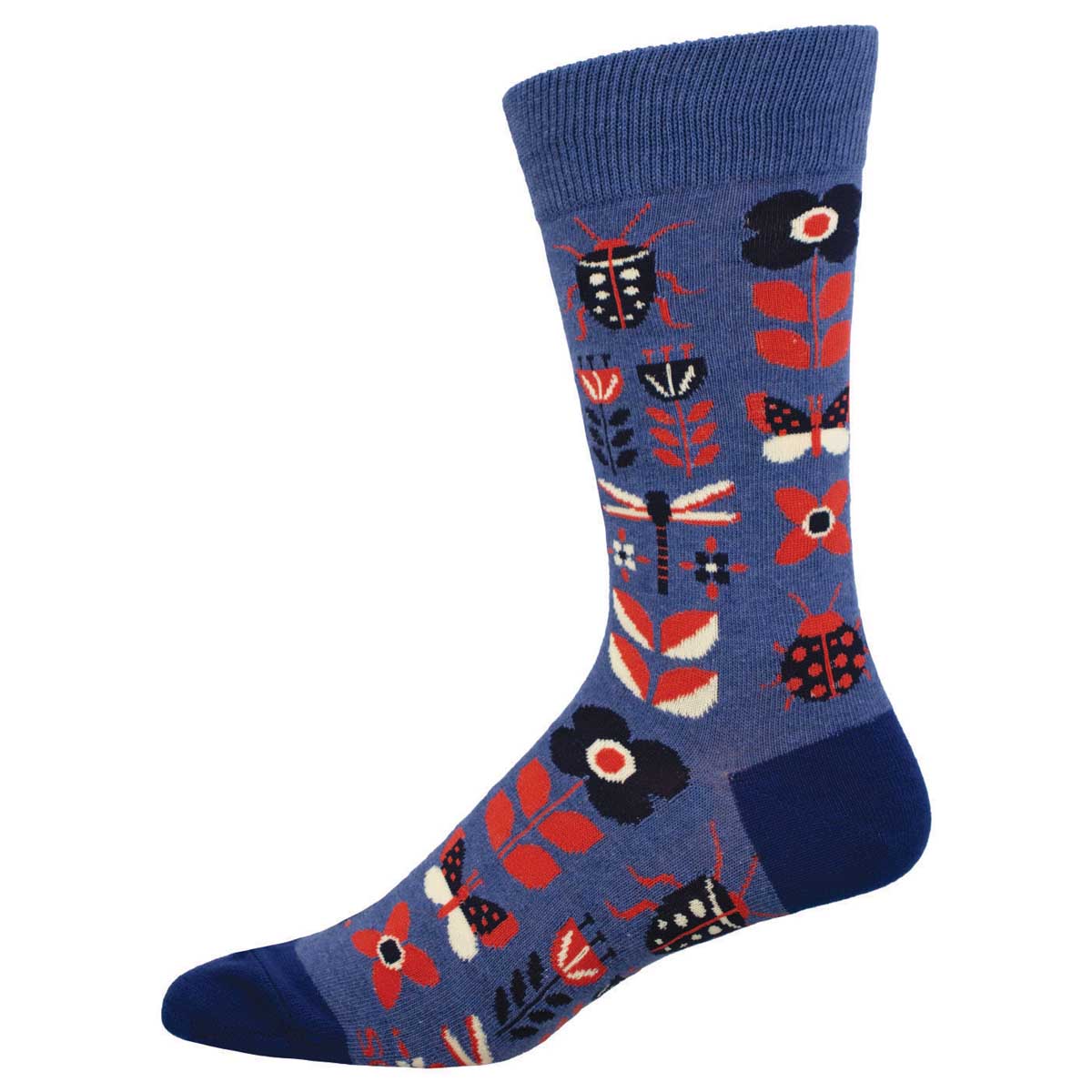 A pair of blue crew socks with a pattern of various insects and plants.