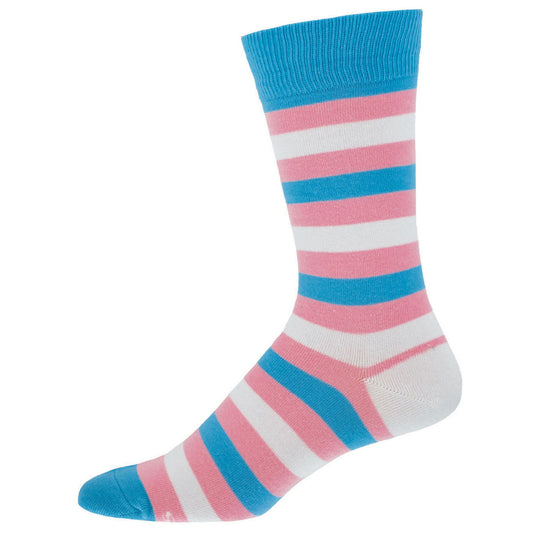 A pair of striped Trans Pride socks with blue, pink, and white colors.