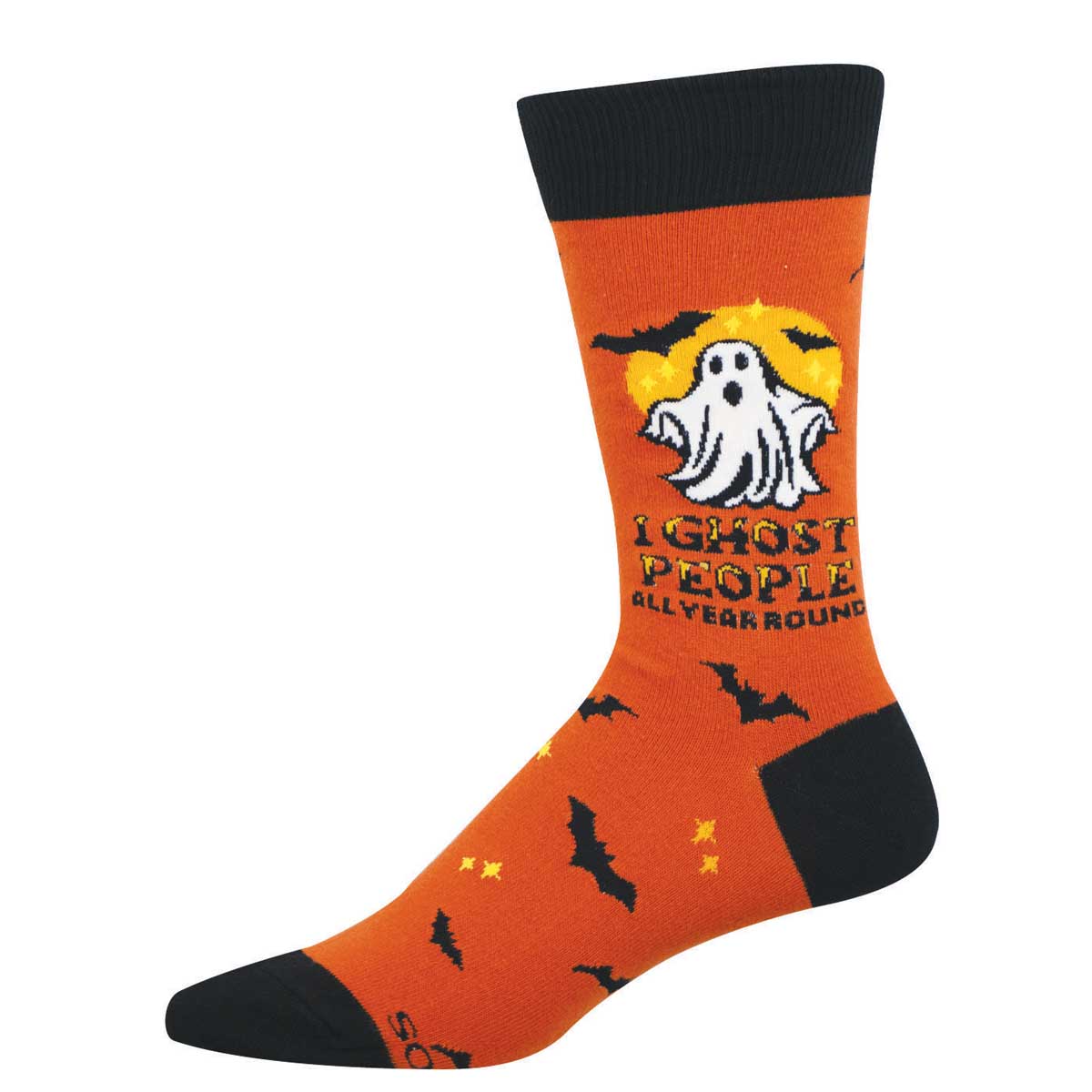 Men's Halloween Cotton Crew Socks - Ghost and Bat Motif with Text "I Ghost People All Year Round" - Orange and Black - Socksmith 