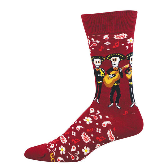 Men's Halloween Cotton Crew Socks - Fun Mariachi Band Day of the Dead Theme - Red - Socksmith