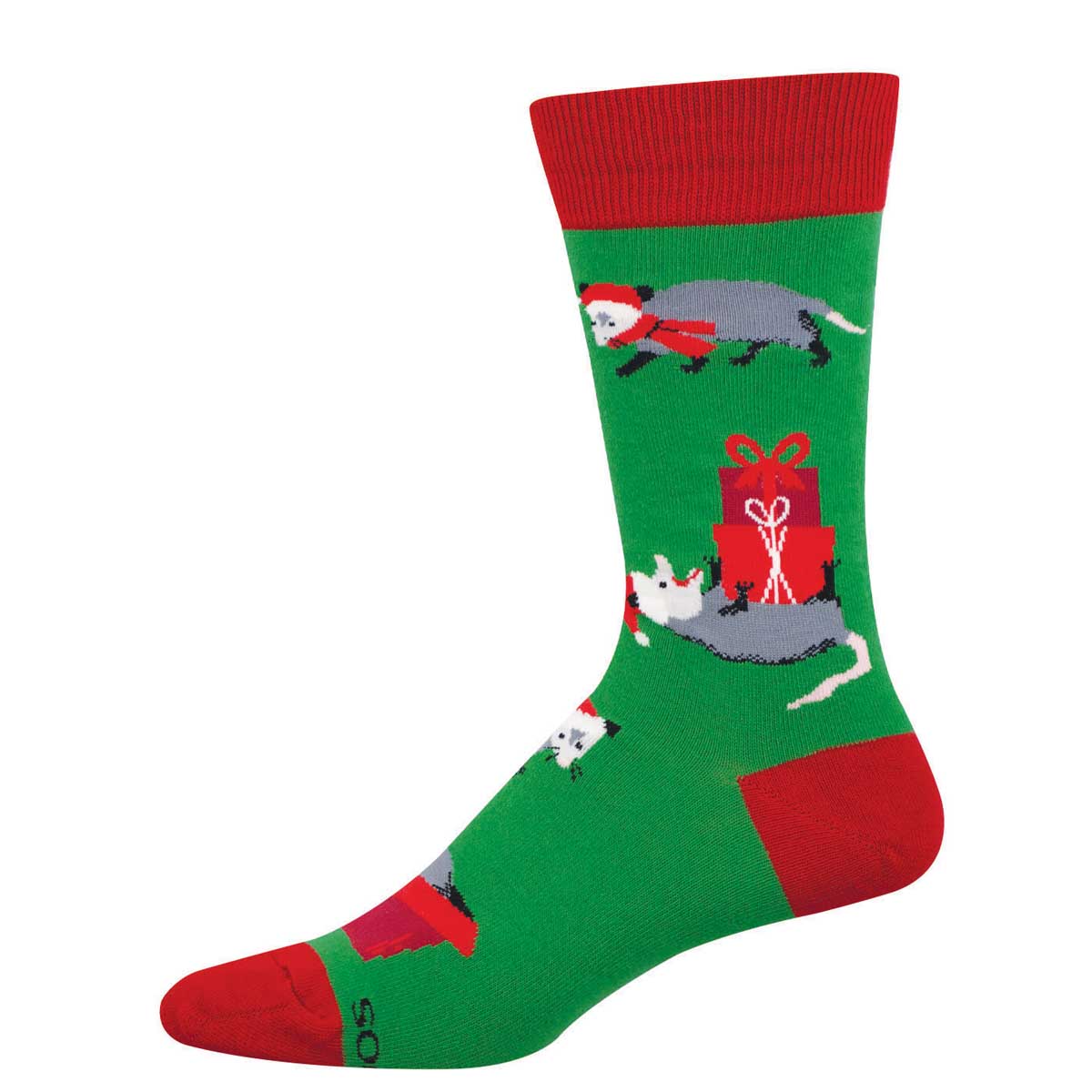 Women's Holiday Cotton Crew Socks - Possums Wearing Santa Hats and Scarves - Green and Red - Socksmith