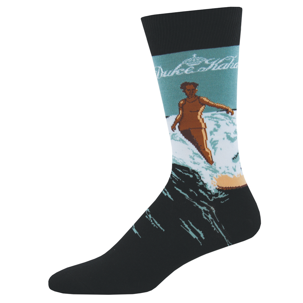 A pair of cotton crew socks with a graphic design featuring a surfer on the foot area and the text 'Duke Kahanamoku' near the top.