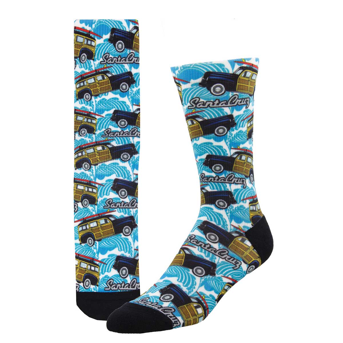 Socks with vintage car design and 'Santa Cruz' text on a blue background