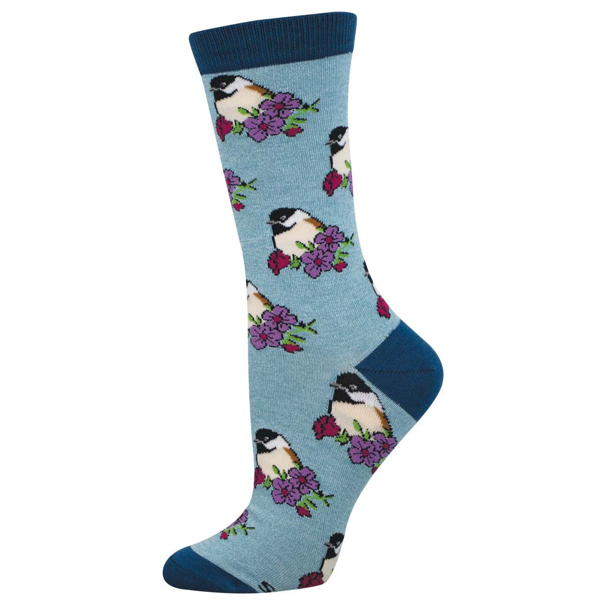 A pair of blue socks with a pattern of chickadees and purple flowers.