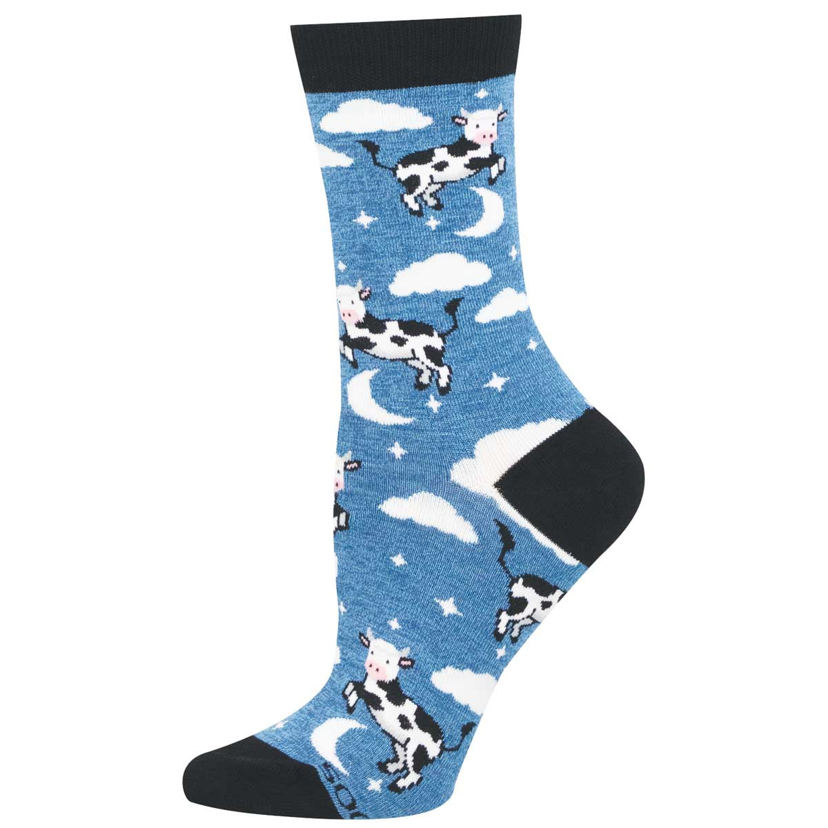blue sock with cow jumping over the moon pattern