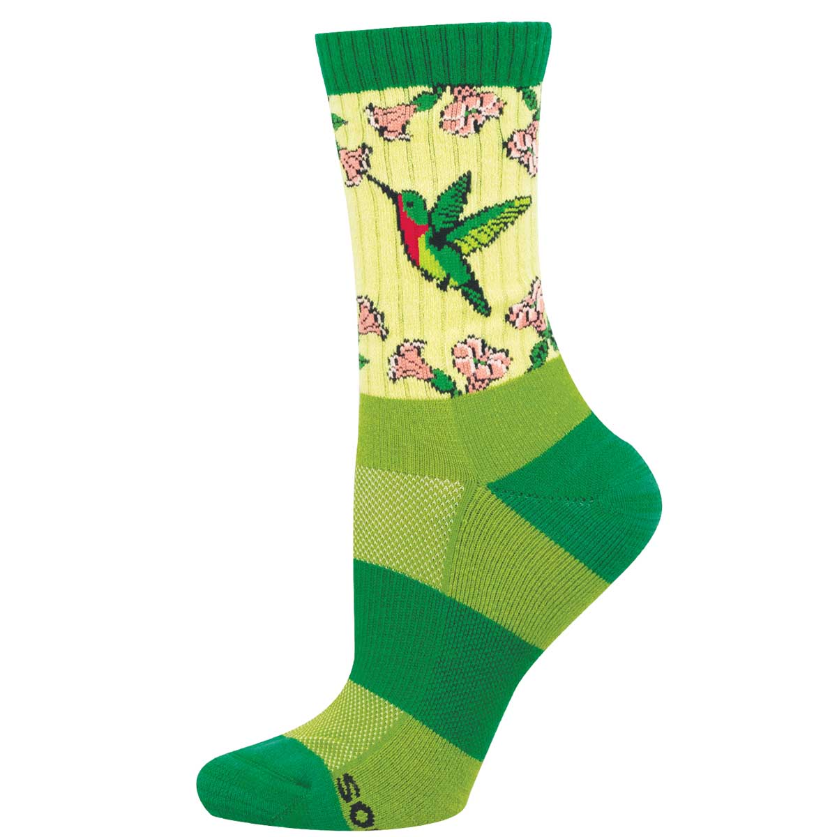 Green and yellow sock with hummingbird and floral design