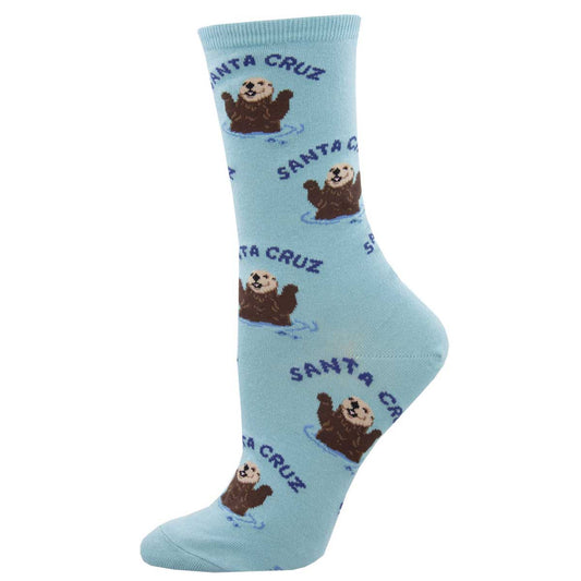 Women's Cotton Crew Socks - Otter Illustrations and 'Santa Cruz' Text - Light Blue - Socksmith