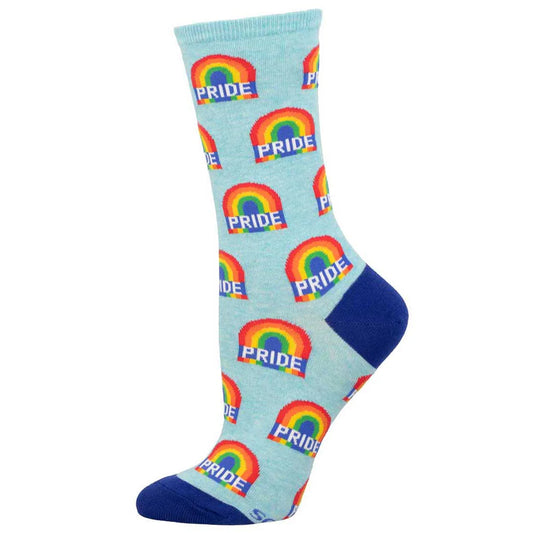 Light blue sock with rainbow designs and 'PRIDE' text