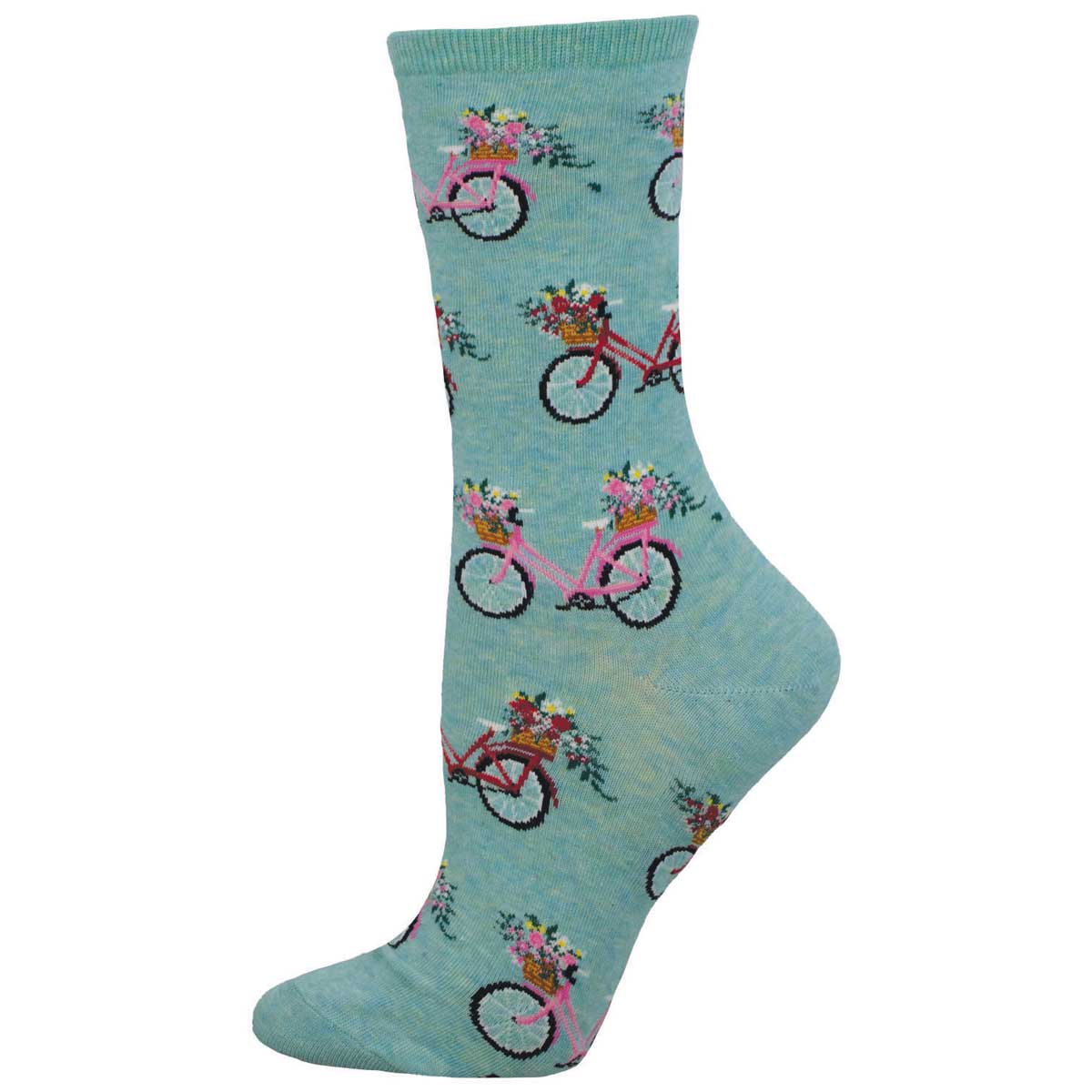 A pair of mint green women's crew socks with a floral pattern featuring bicycles and flowers.