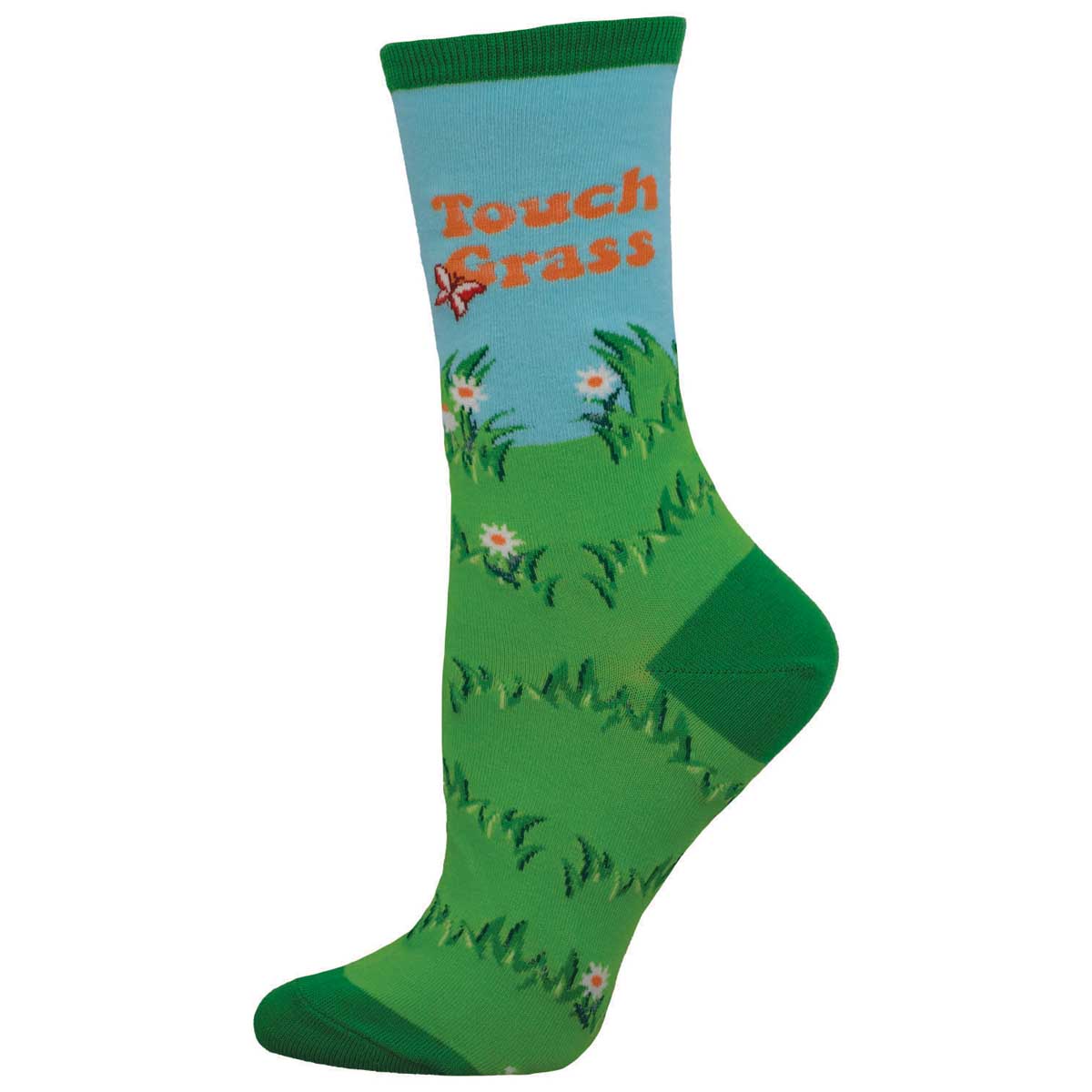 A pair of colorful socks with a design of green grass, blue sky, and white flowers, with the text 'Touch Grass' written on the foot area.