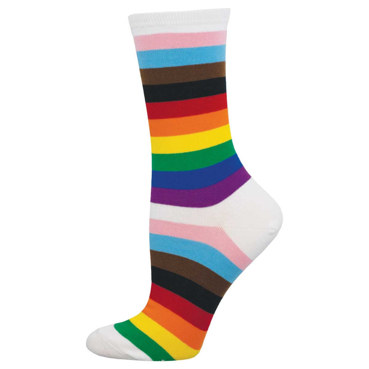 A pair of colorful progress striped socks with a variety of colors including red, yellow, green, blue, and purple.