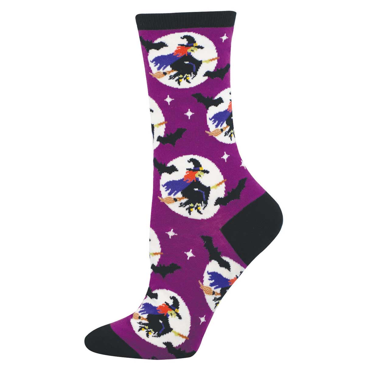 Women's Halloween Cotton Crew Socks - Wicked With On Broomstick Design - Purple with Black Cuff, Heel, and Toe - Socksmith