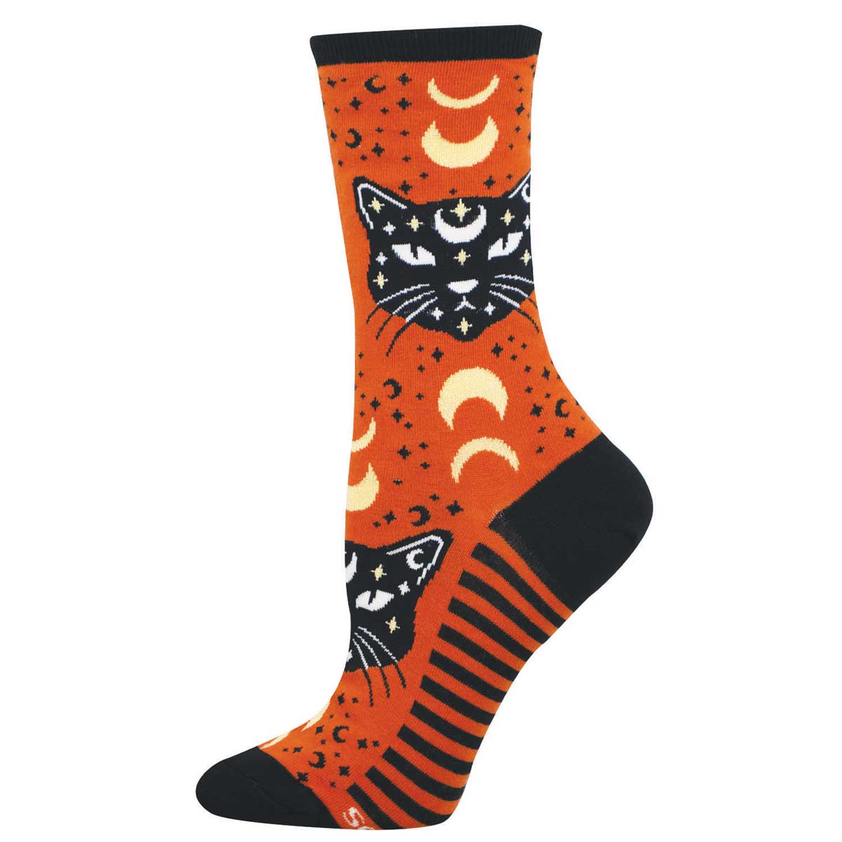 Women's Halloween Cotton Crew Socks - Celestial-Themed Cat Face with Moons and Stars - Orange - Socksmith