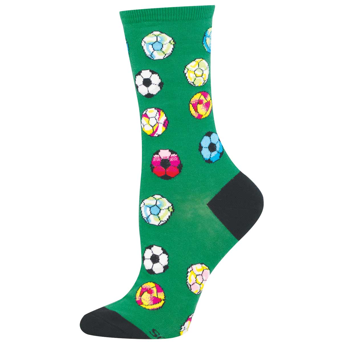 Green sock with a colorful soccer ball design