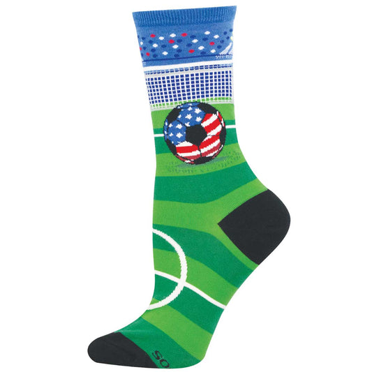 Soccer themed sock featuring an American flag ball on a soccer field background