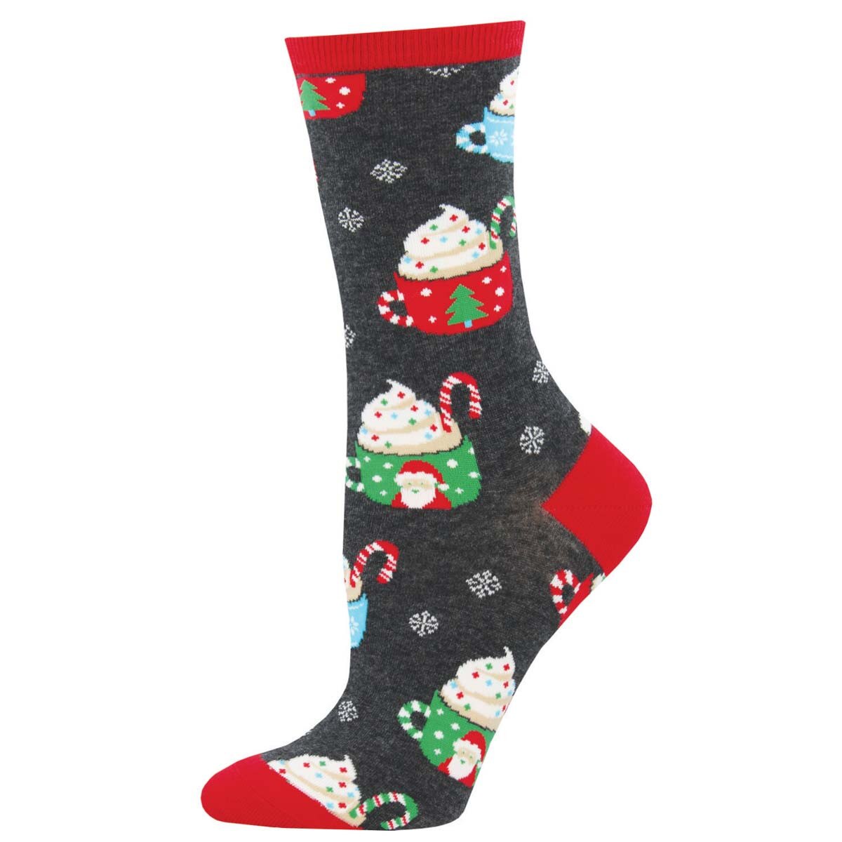 Christmas-themed sock with mugs of hot cocoa and candy canes design on a gray background