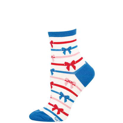 Mini crew socks with red, blue, and pink bows on a white background
