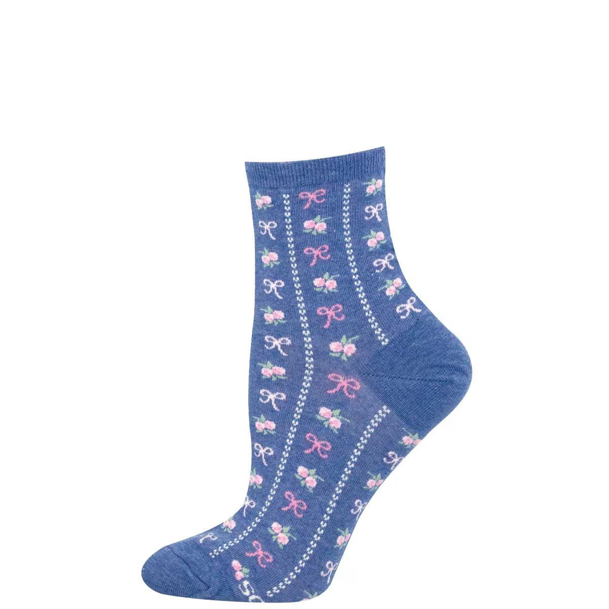 Blue sock with white and pink bow pattern