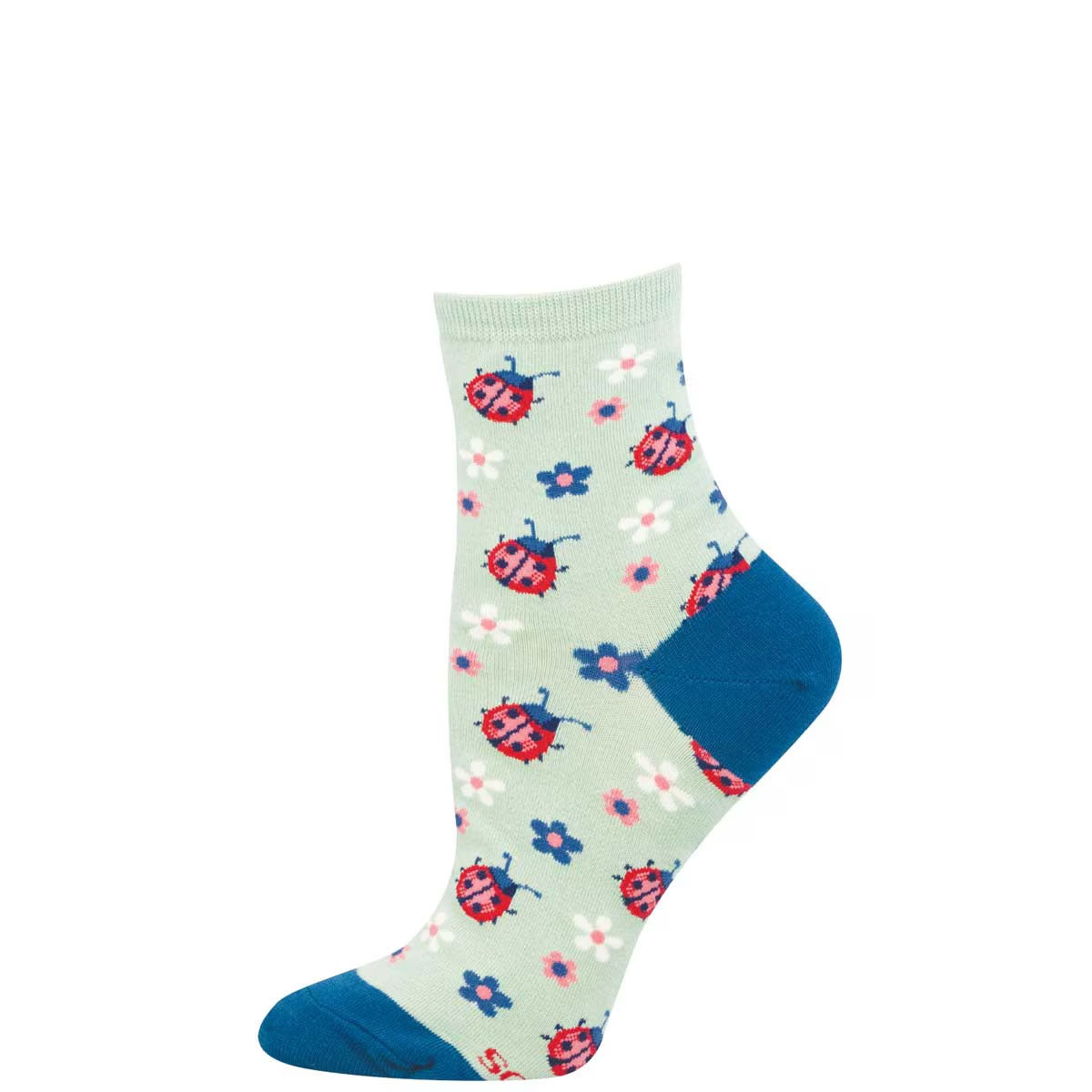 Sock with ladybug and flower pattern on a light green background