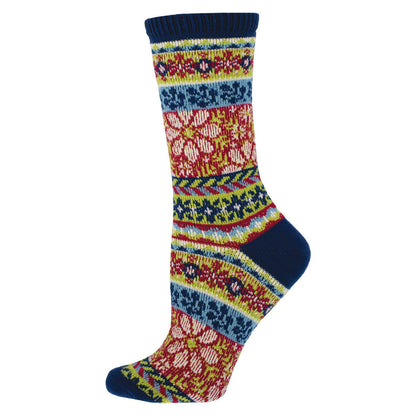 A colorful pair of sweater socks with floral and geometric patterns predominately in red, blue, and green colorways.