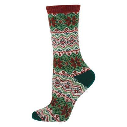 A pair of sweater socks with a geometric snowflake pattern in red, white, and green colors.