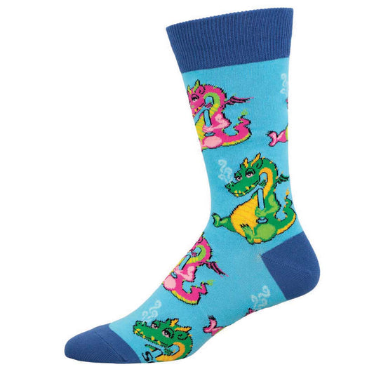 A pair of colorful crew socks featuring cartoon dragon designs on a light blue background.