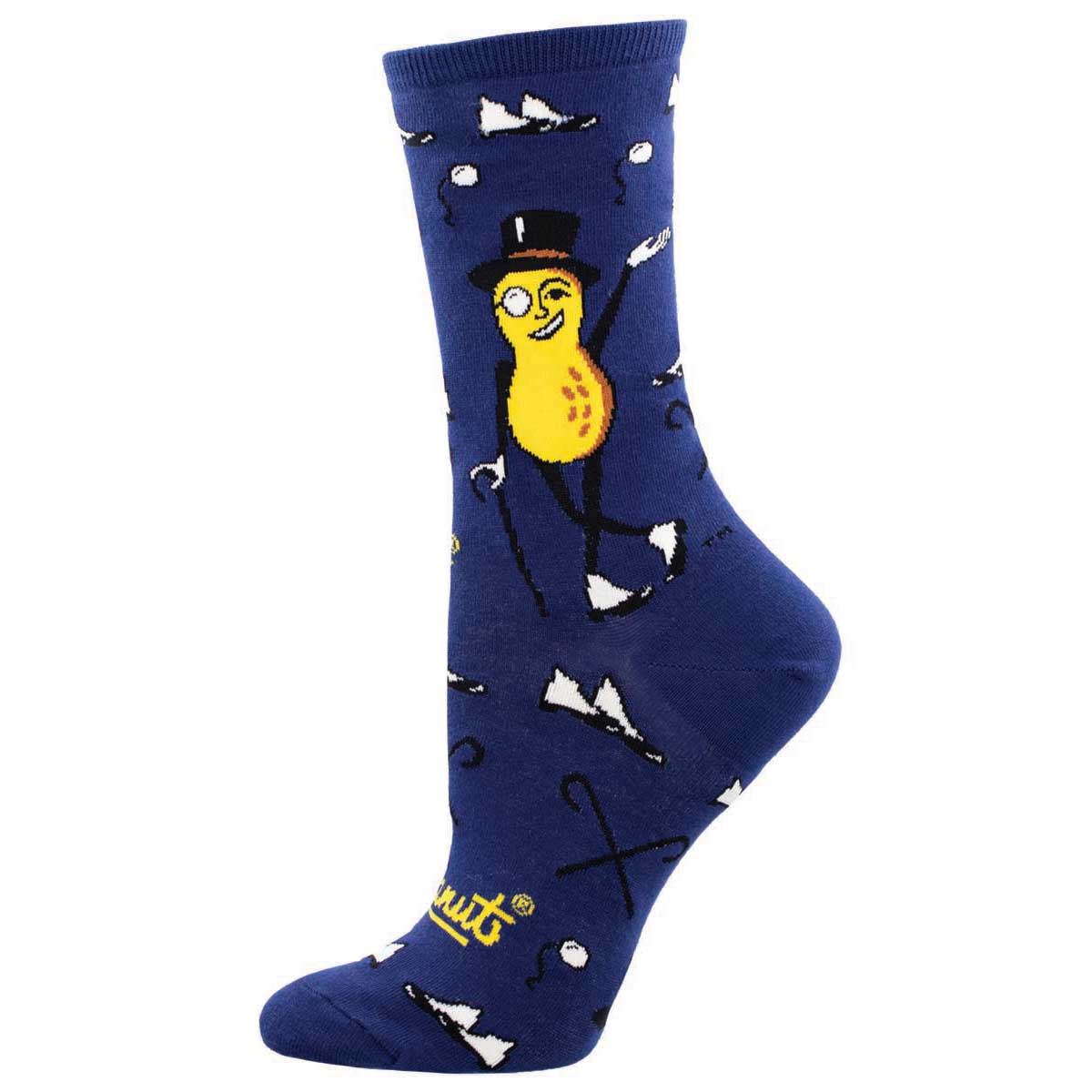A navy-colored sock featuring a cartoon illustration of a character resembling Mr. Peanut, wearing a top hat and monocle, surrounded by small accessory graphics.