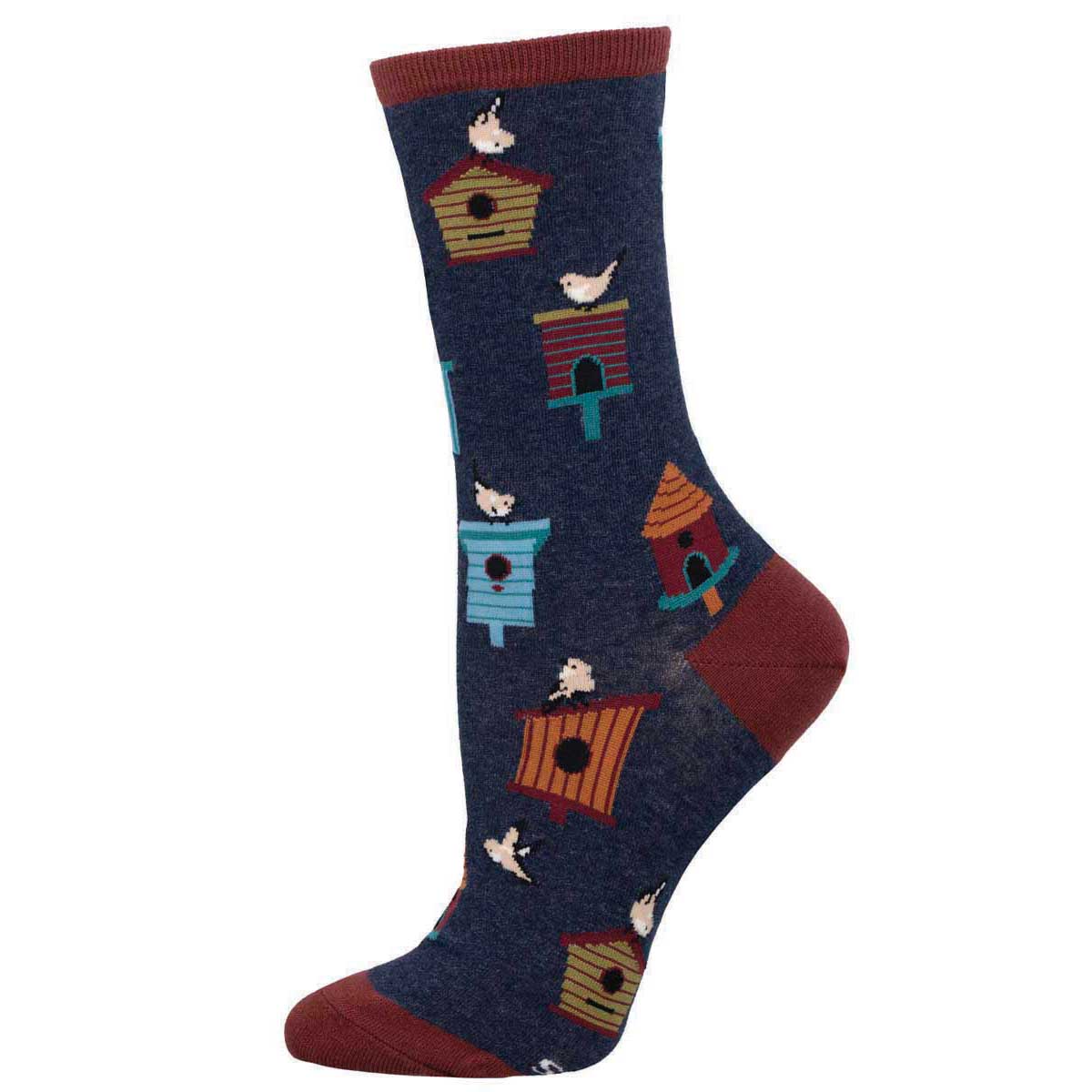 A pair of women's socks with a pattern of colorful birdhouses and birds on a navy blue background with red trim.
