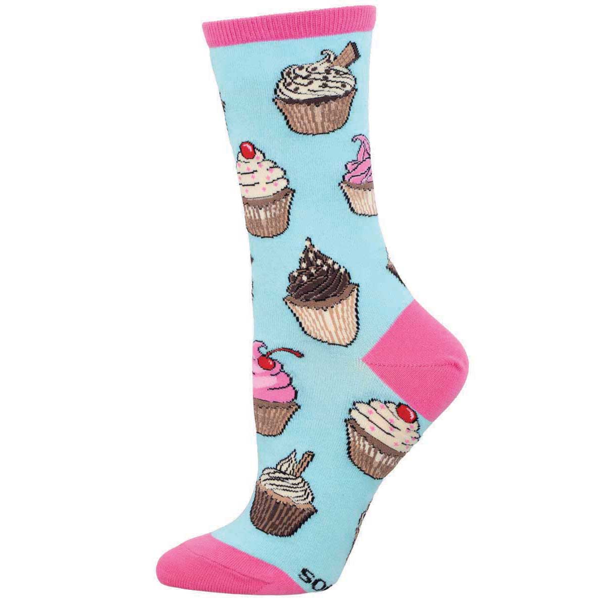 A pair of colorful women's socks with a pattern of cupcakes on a light blue background with pink at the heels and toes.