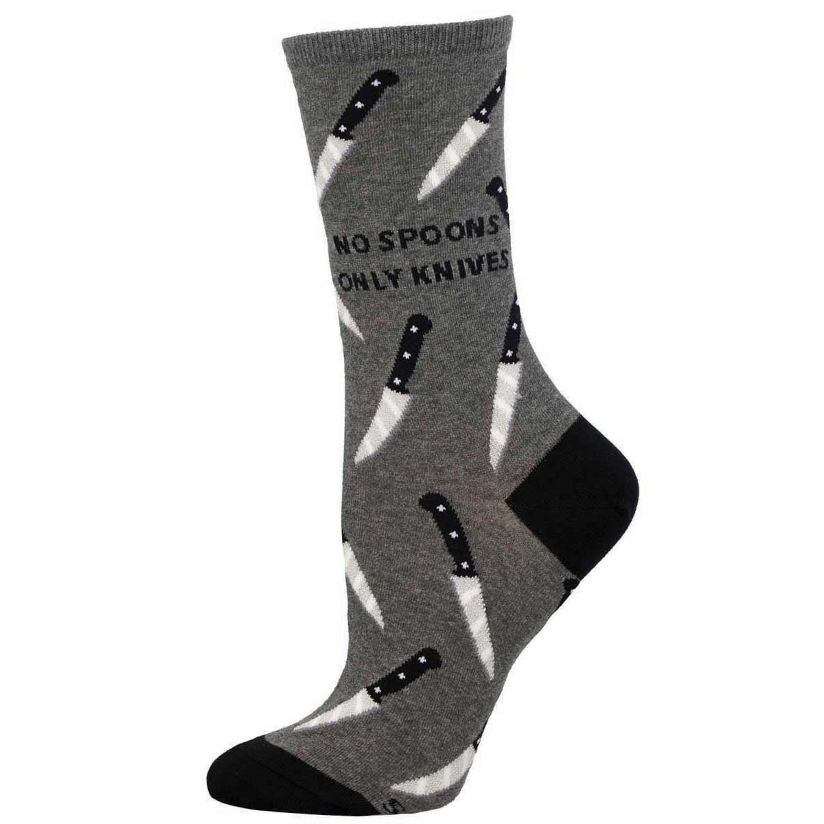 A pair of gray socks with text and knife patterns, designed for women.