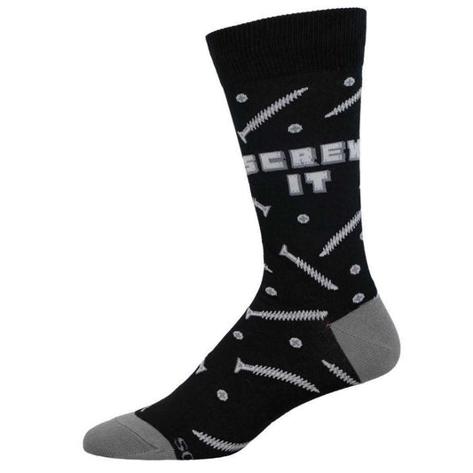 A black cotton crew sock with a pattern of screws and the phrase 'Screw It' displayed prominently.