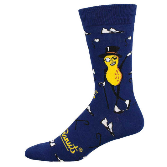 A navy-colored sock with a cartoon illustration of a Mr. Peanut's trademark peanut character wearing a hat and a monocle.
