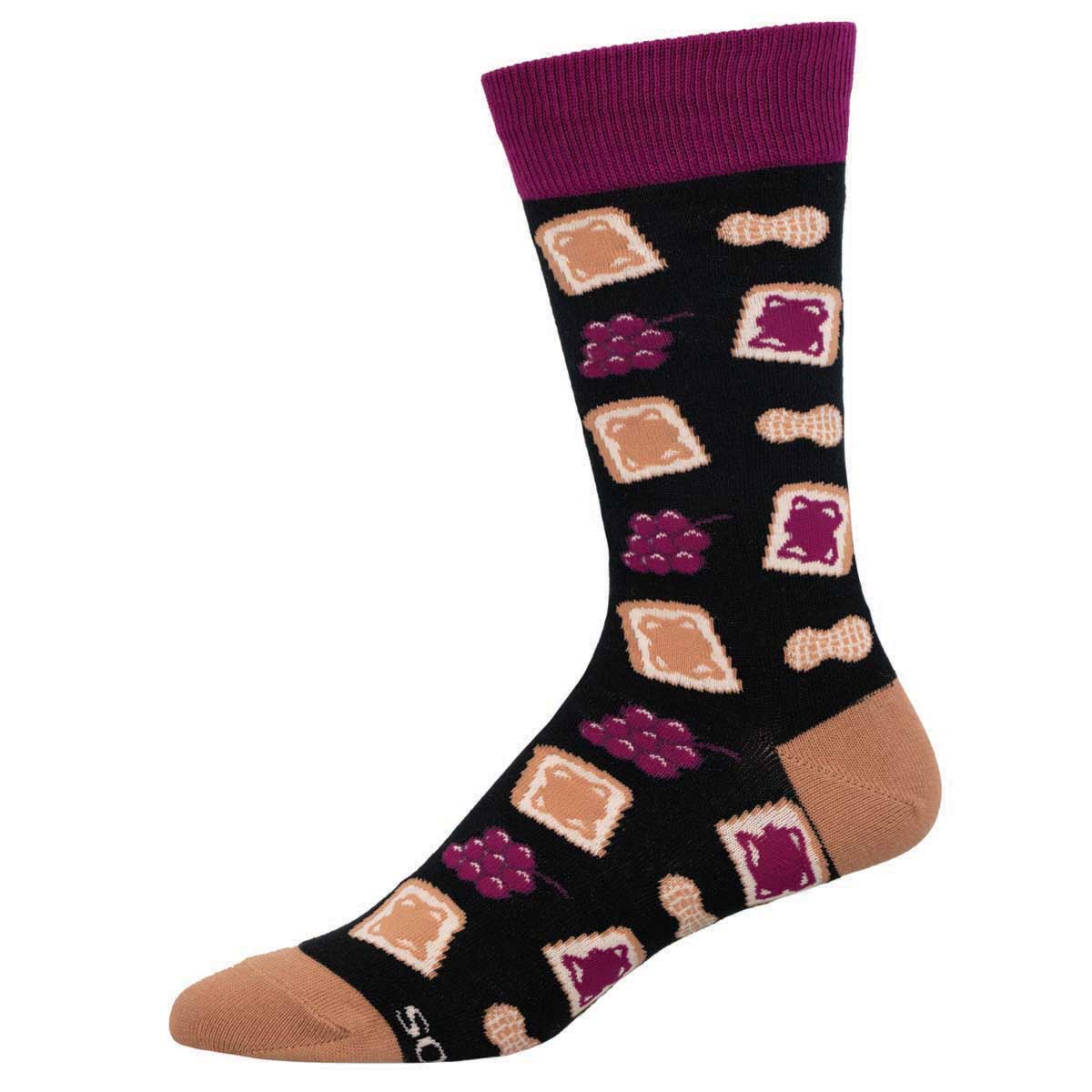A pair of black crew socks with a pattern of peanut butter and jelly sandwiches, designed for men.