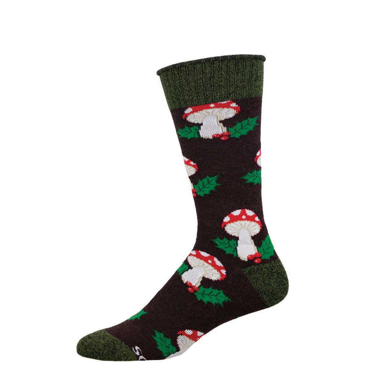 A pair of Christmas-themed socks with a pattern of mushrooms and holly leaves on a dark brown background.