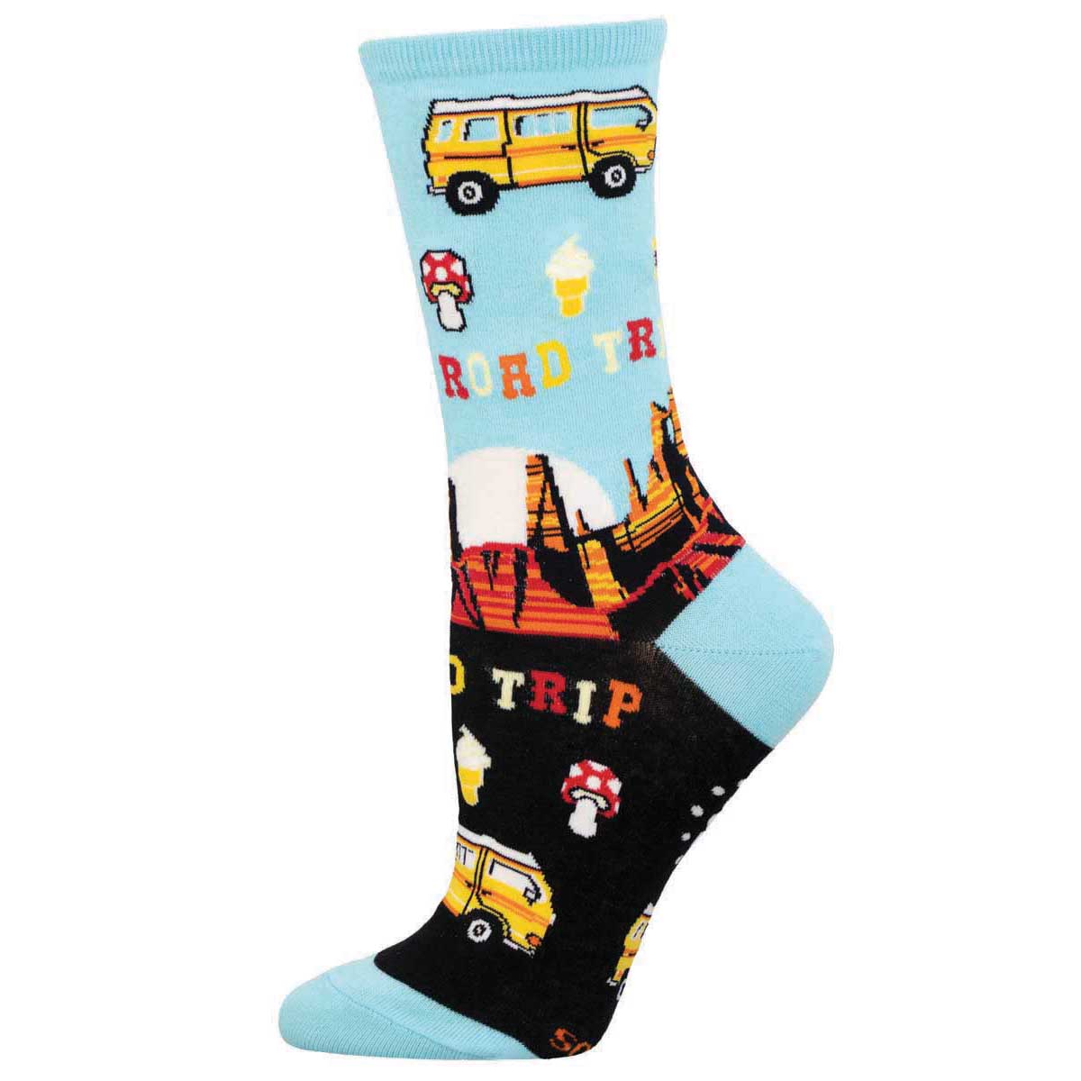 A pair of colorful crew socks with a road trip theme, including images of a van, road signs, and desert landscape.