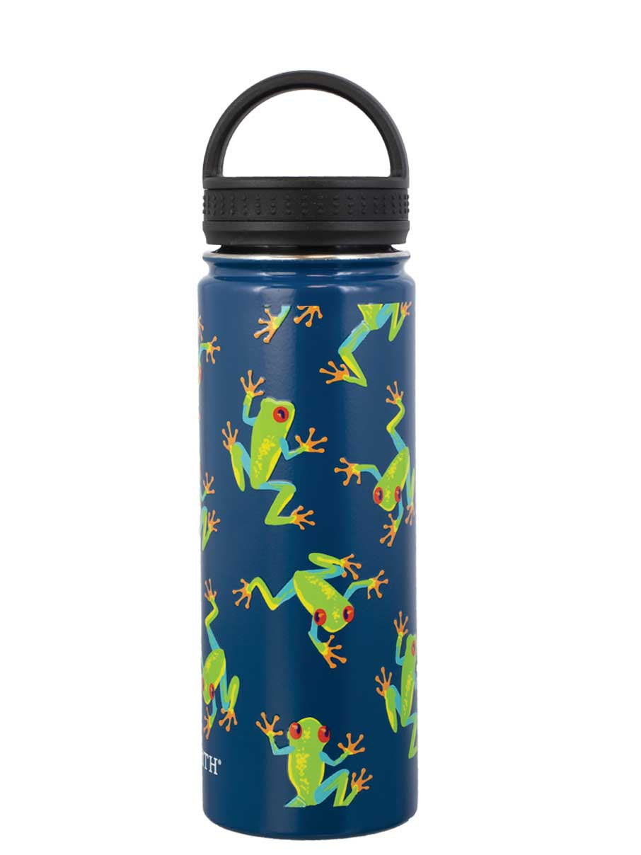 A blue stainless steel water bottle with a black loop lid, decorated with a pattern of green tree frogs.