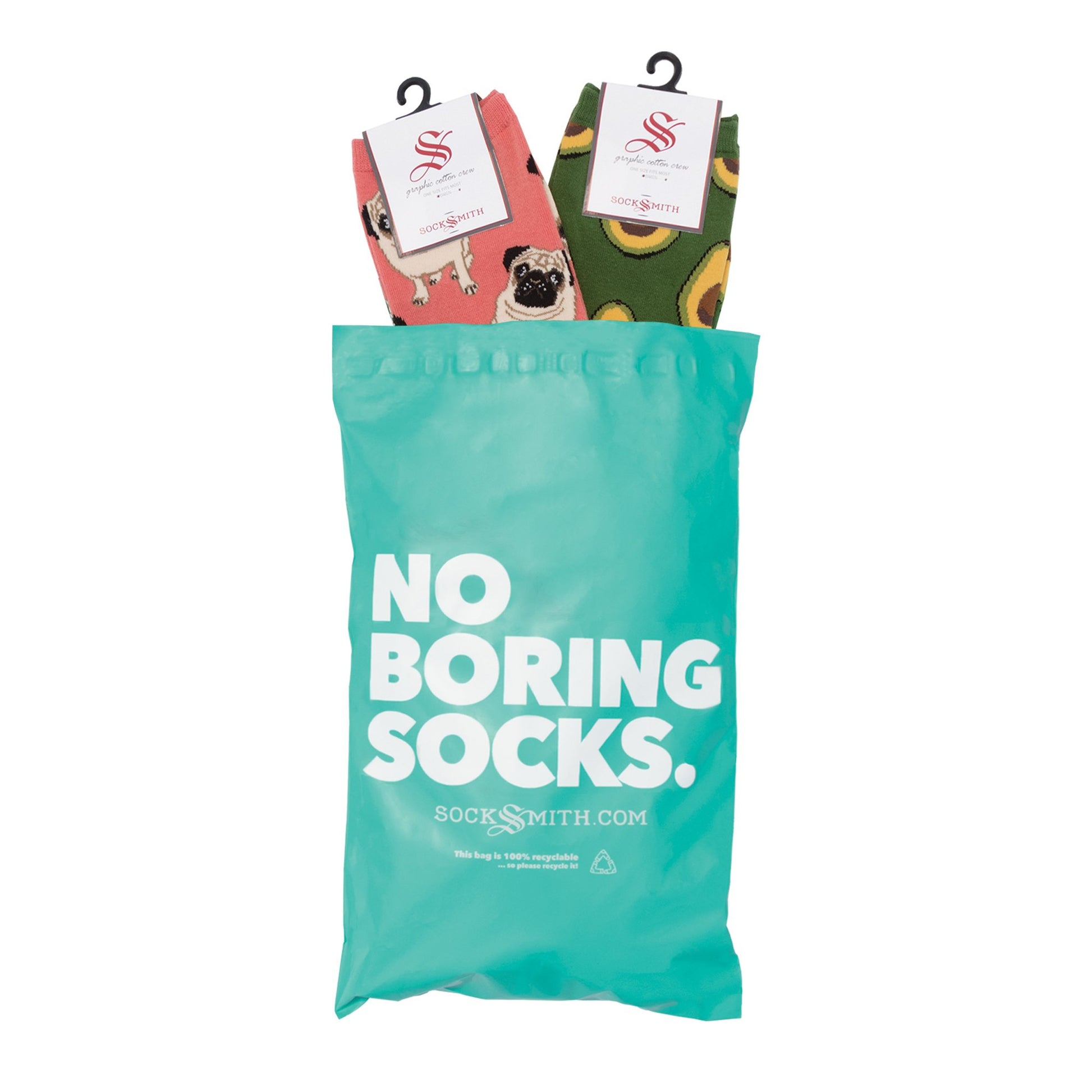 An example of a Women's Sock of the Month Subscription bag with two pairs of fun socks inside